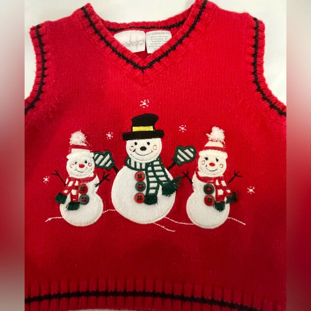 MiniWear Infant Boys 12 Month CHRISTMAS‎ RED SWEATER Vest W/Snowman Patch Cotton
